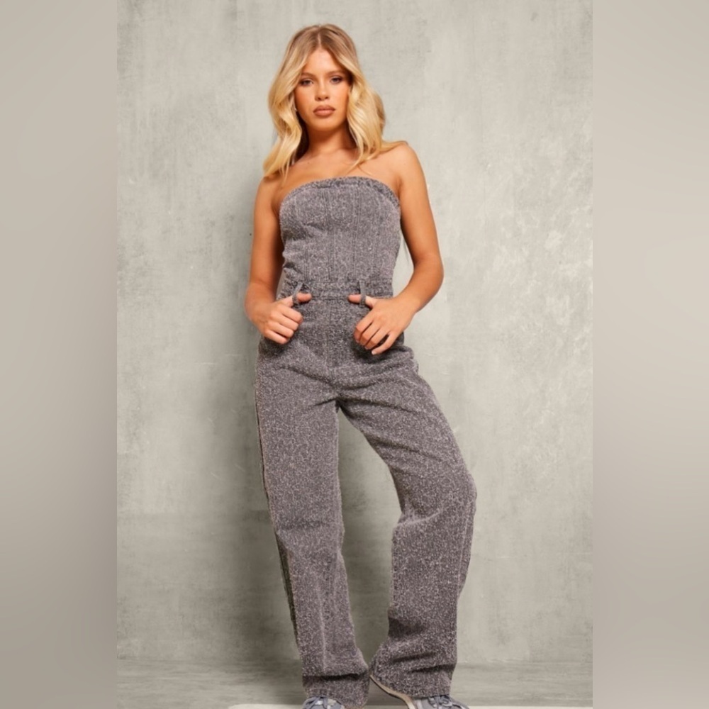 PRETTYLITTLETHING Grey Bobble Straight Leg Corset Jumpsuit